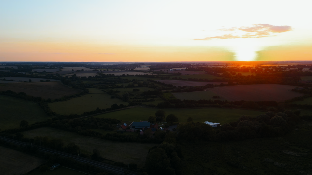 The Little Green Wedding Barn from the sky, drone shot by Norfolk Wedding Videographer