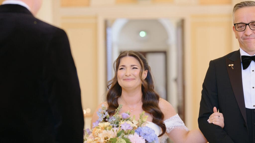 bride aisle entrance ceremony at assembly house in Norwich