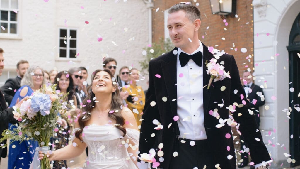 bride and groom confetti at assembly house in Norwich