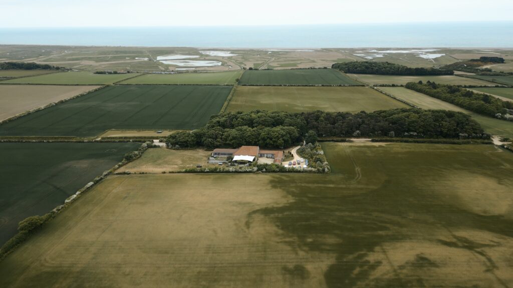 Aerial View of Barn Drift wedding venue on the North Norfolk coast